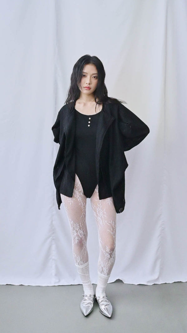 レース立体ニットオーバーシャツ｜black