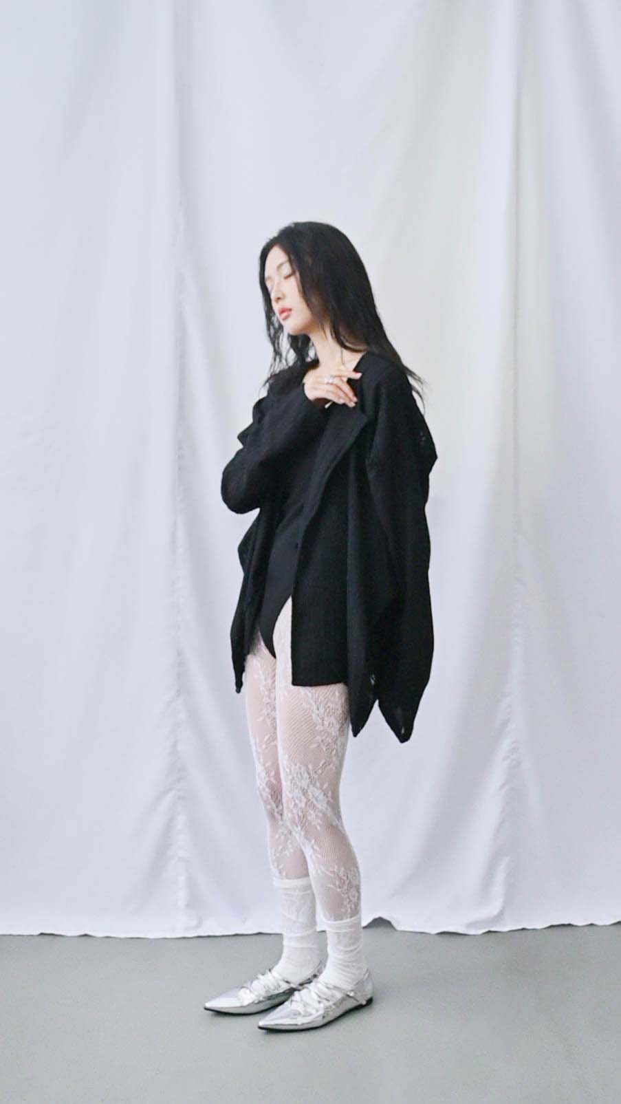 レース立体ニットオーバーシャツ｜black