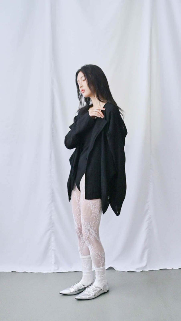 レース立体ニットオーバーシャツ｜black