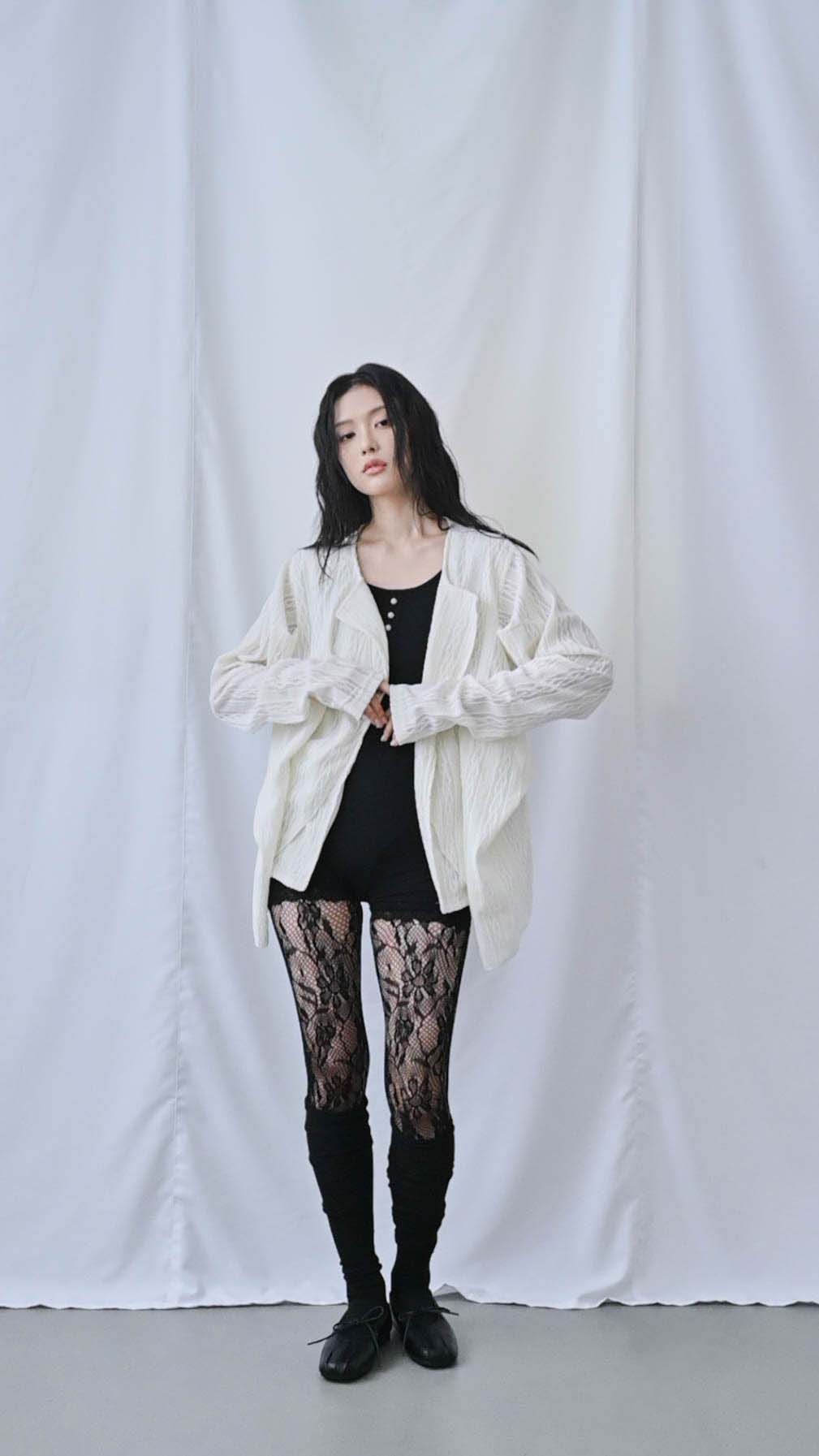 レース立体ニットオーバーシャツ｜white