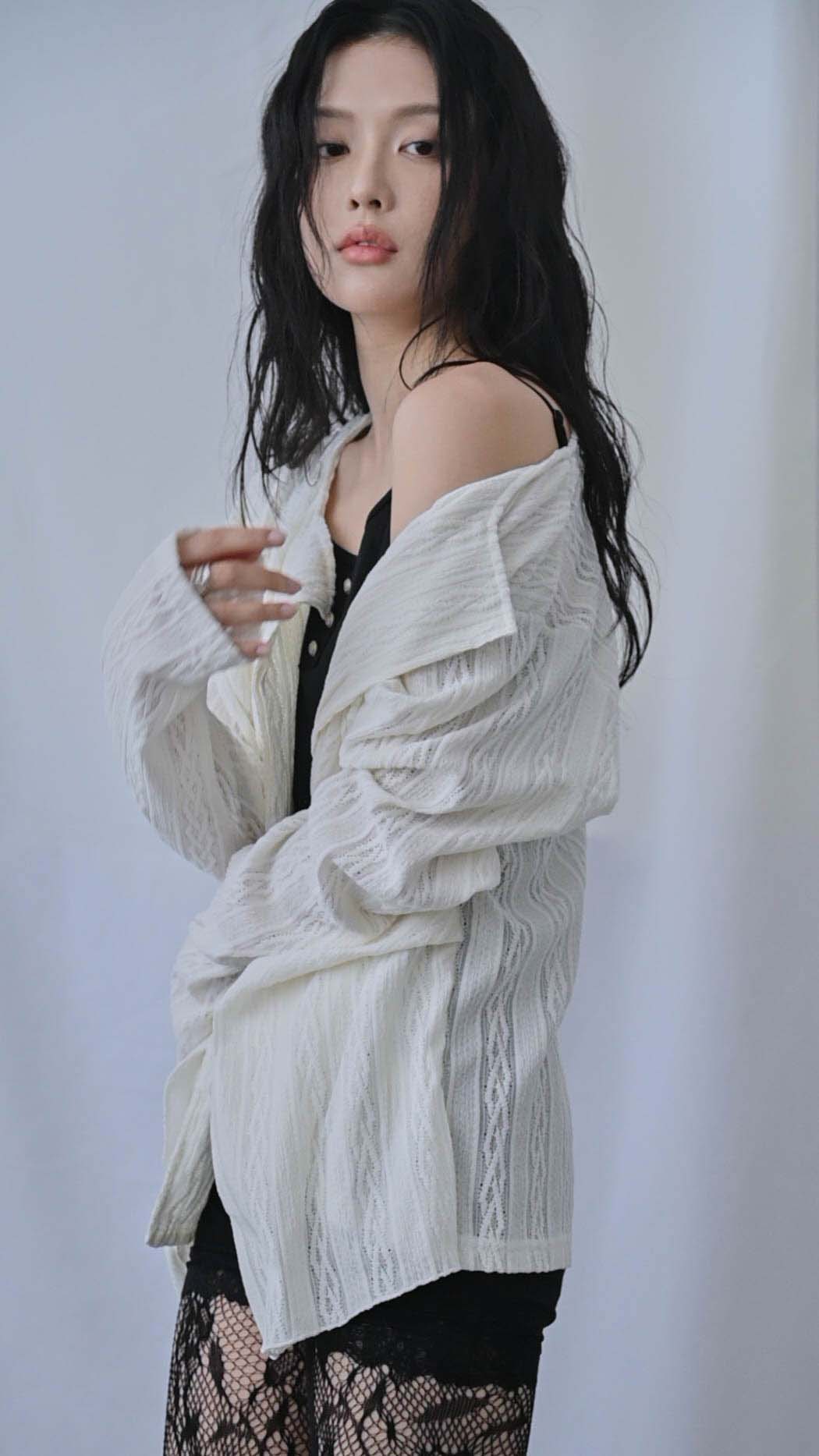 レース立体ニットオーバーシャツ｜white