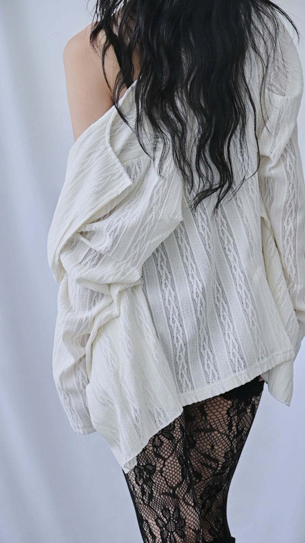 レース立体ニットオーバーシャツ｜white