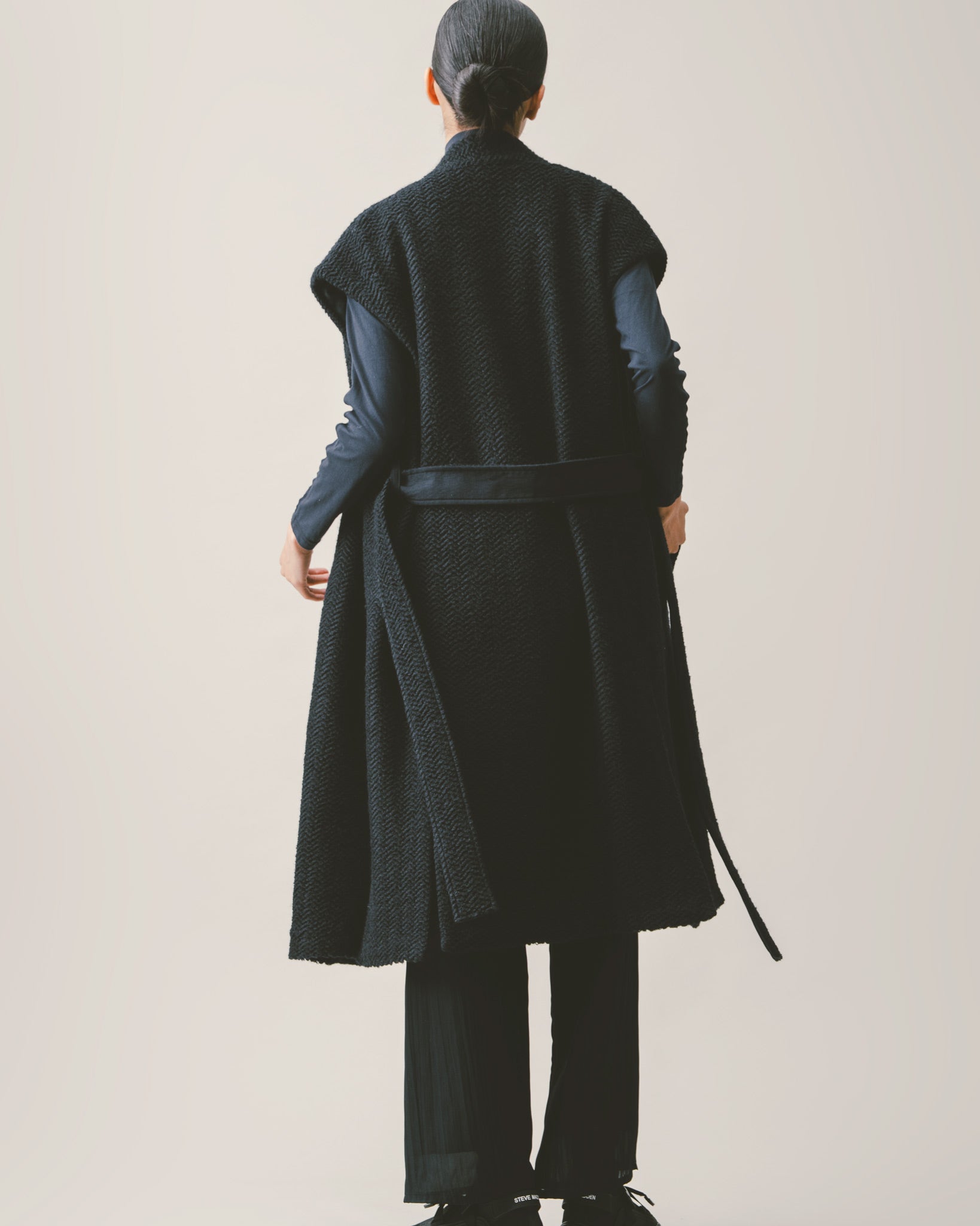 ノーカラーウールロングベスト｜Navy