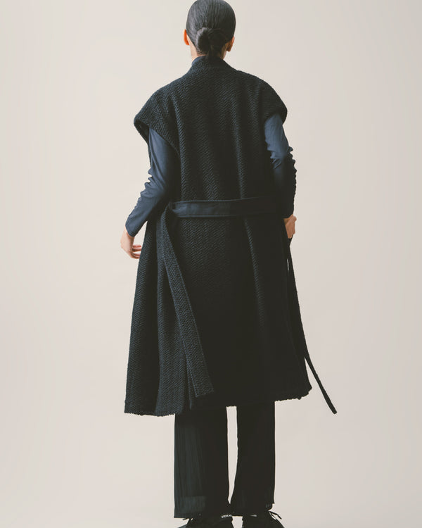 ノーカラーウールロングベスト｜Navy
