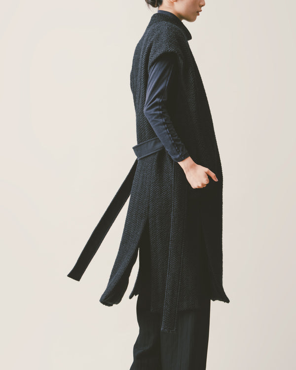 ノーカラーウールロングベスト｜Navy