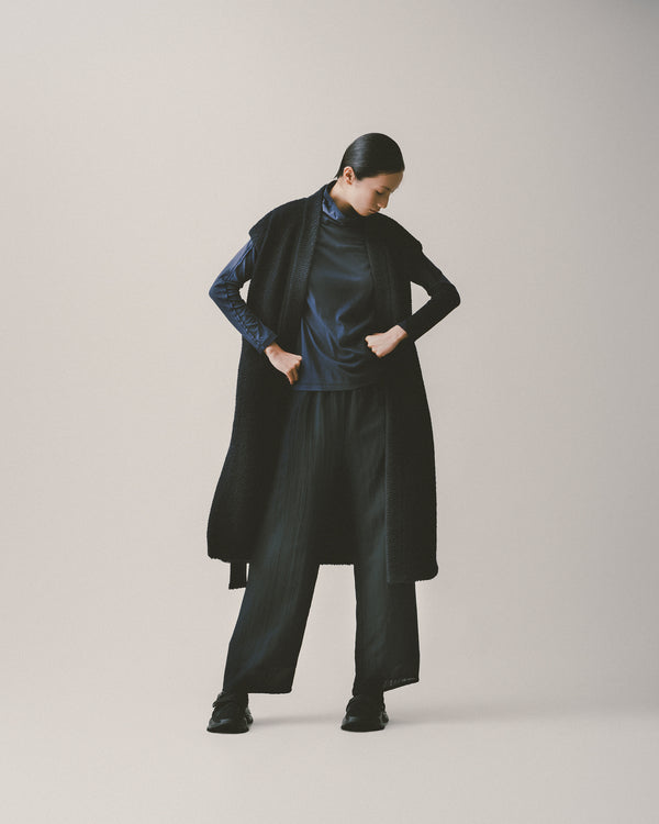 ノーカラーウールロングベスト｜Navy