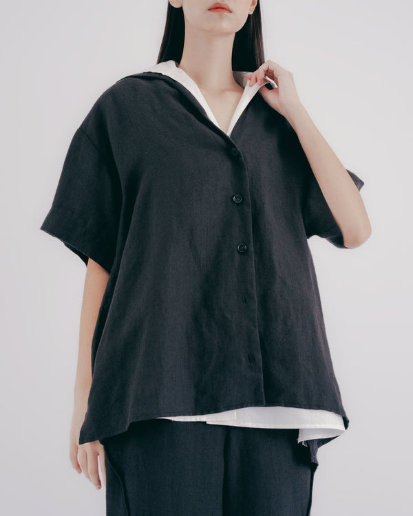 Vネック オープンカラー半袖シャツ｜black 2