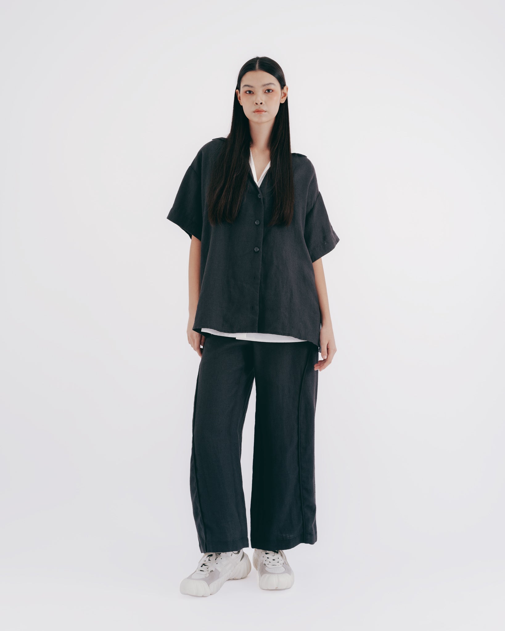 Vネック オープンカラー半袖シャツ｜black 6