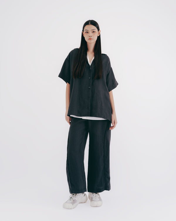 Vネック オープンカラー半袖シャツ｜black 6