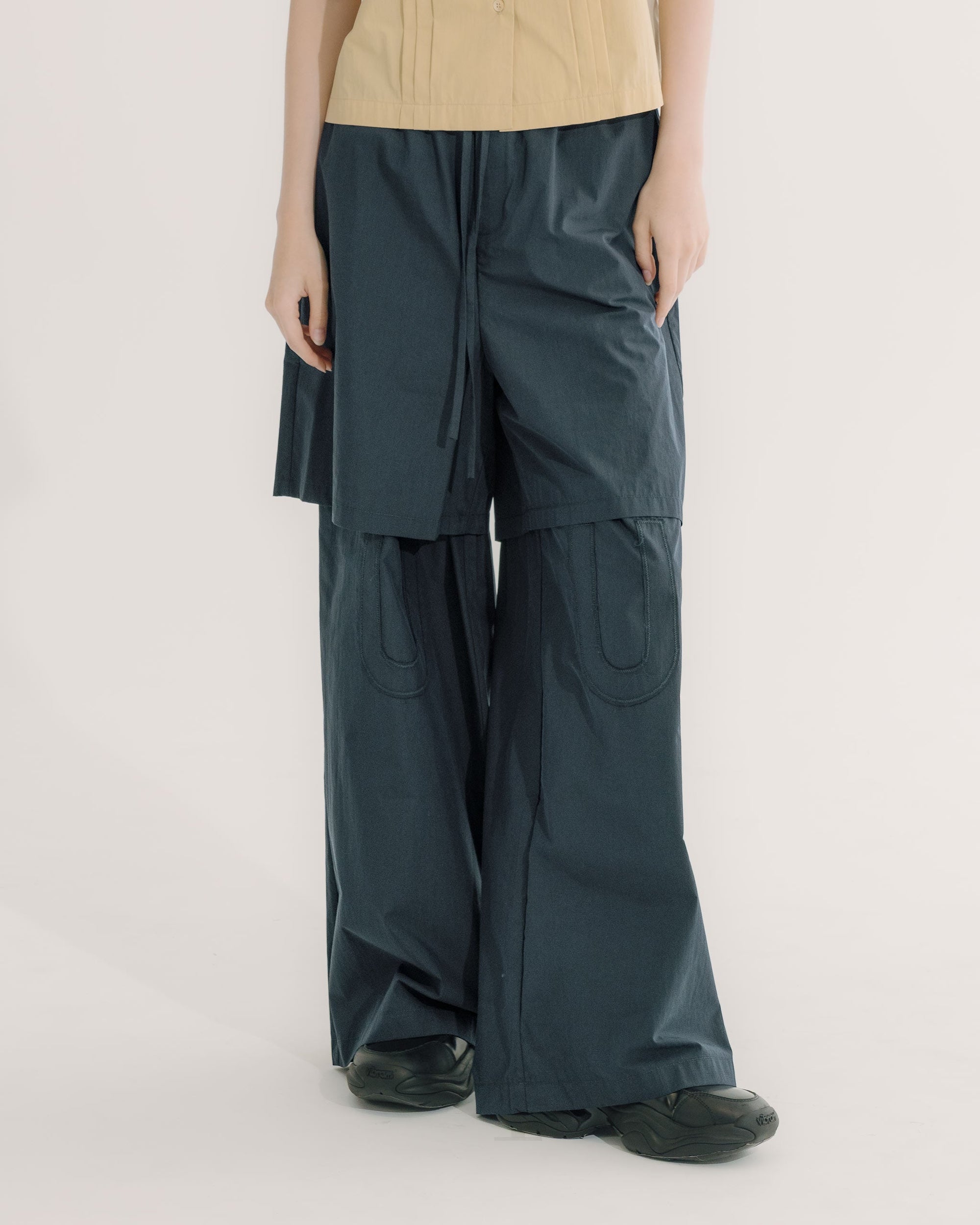 ドローストリング レイヤード風ワイドパンツ｜navy 3