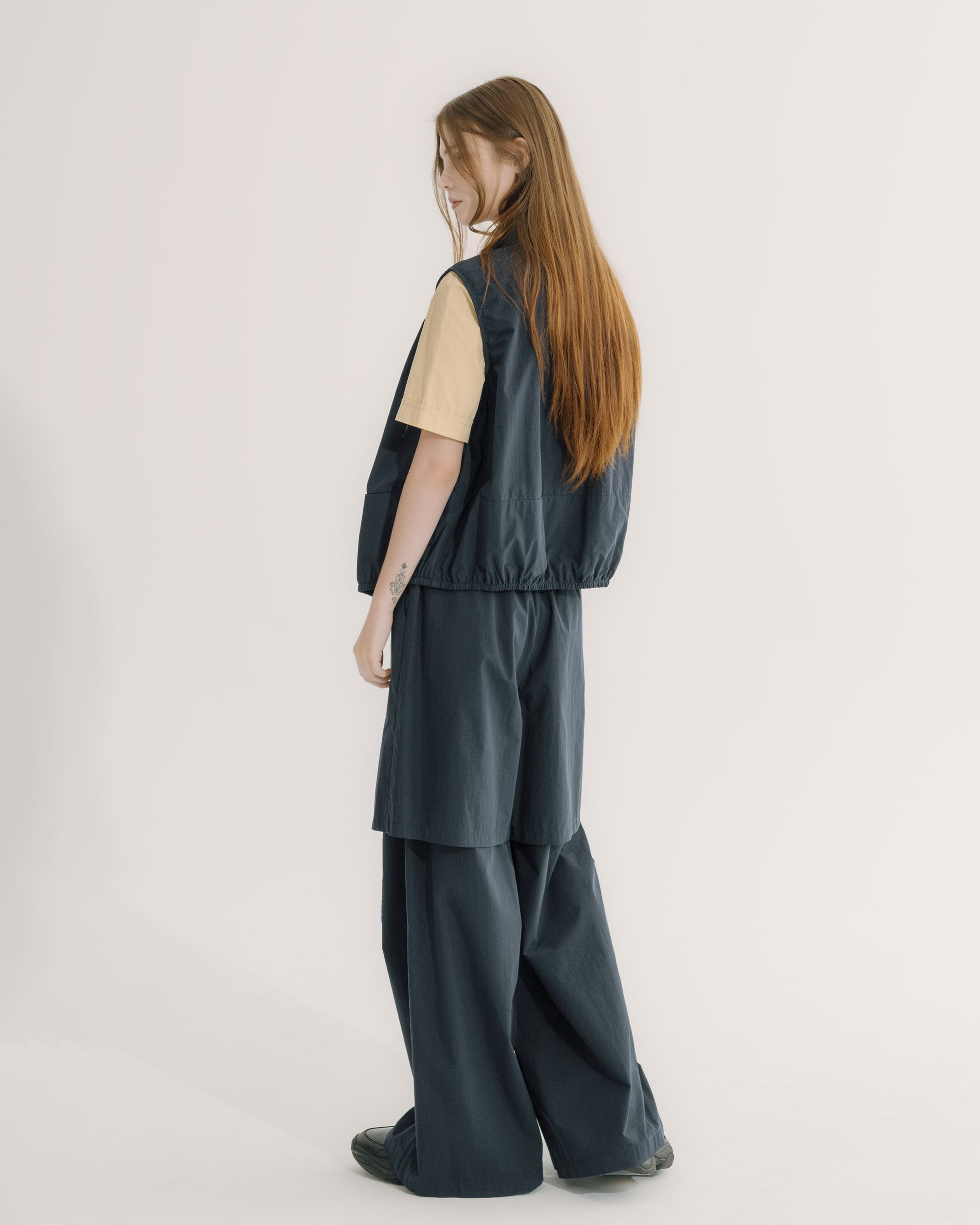 ドローストリング レイヤード風ワイドパンツ｜navy 7