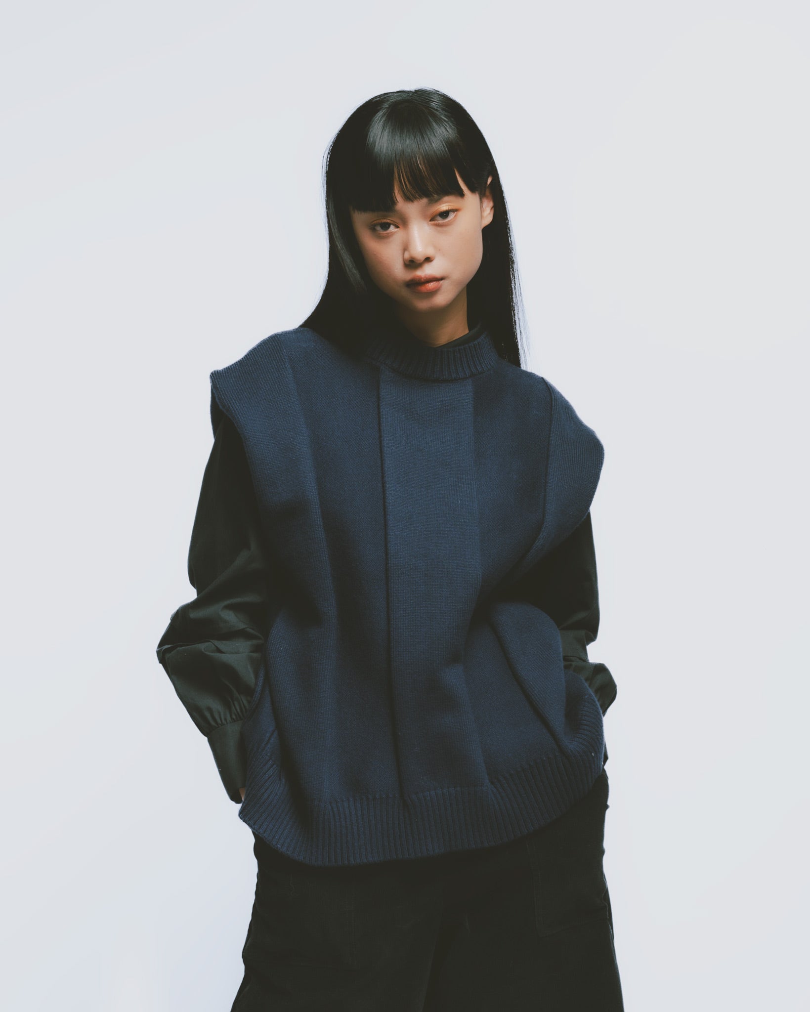 リブニットベスト｜Navy