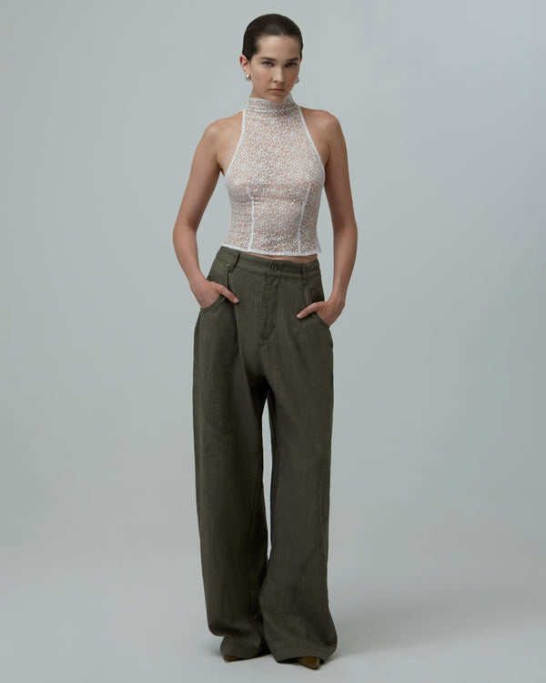 Linen Utility Wide-Leg Jeans | Green