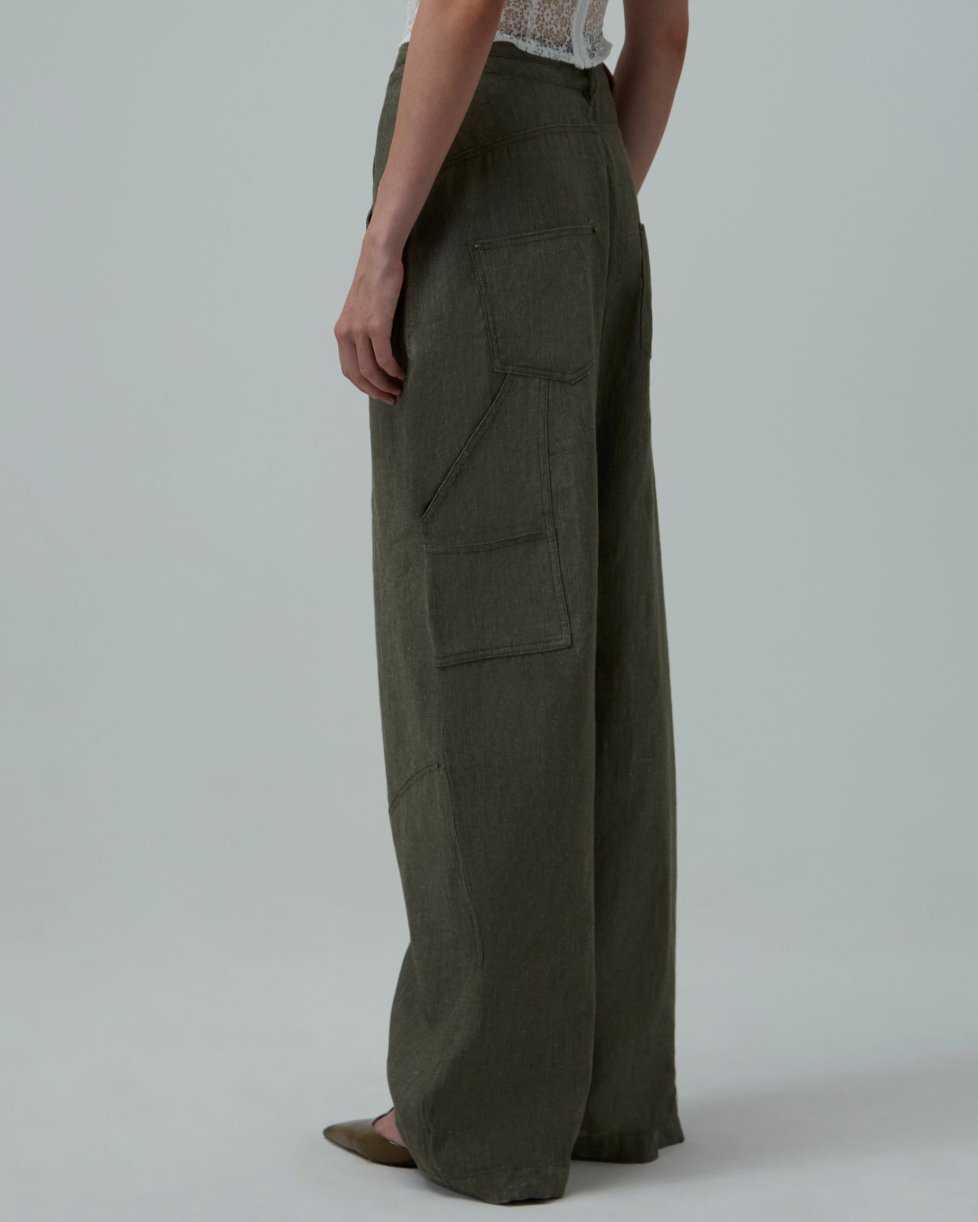 Linen Utility Wide-Leg Jeans | Green