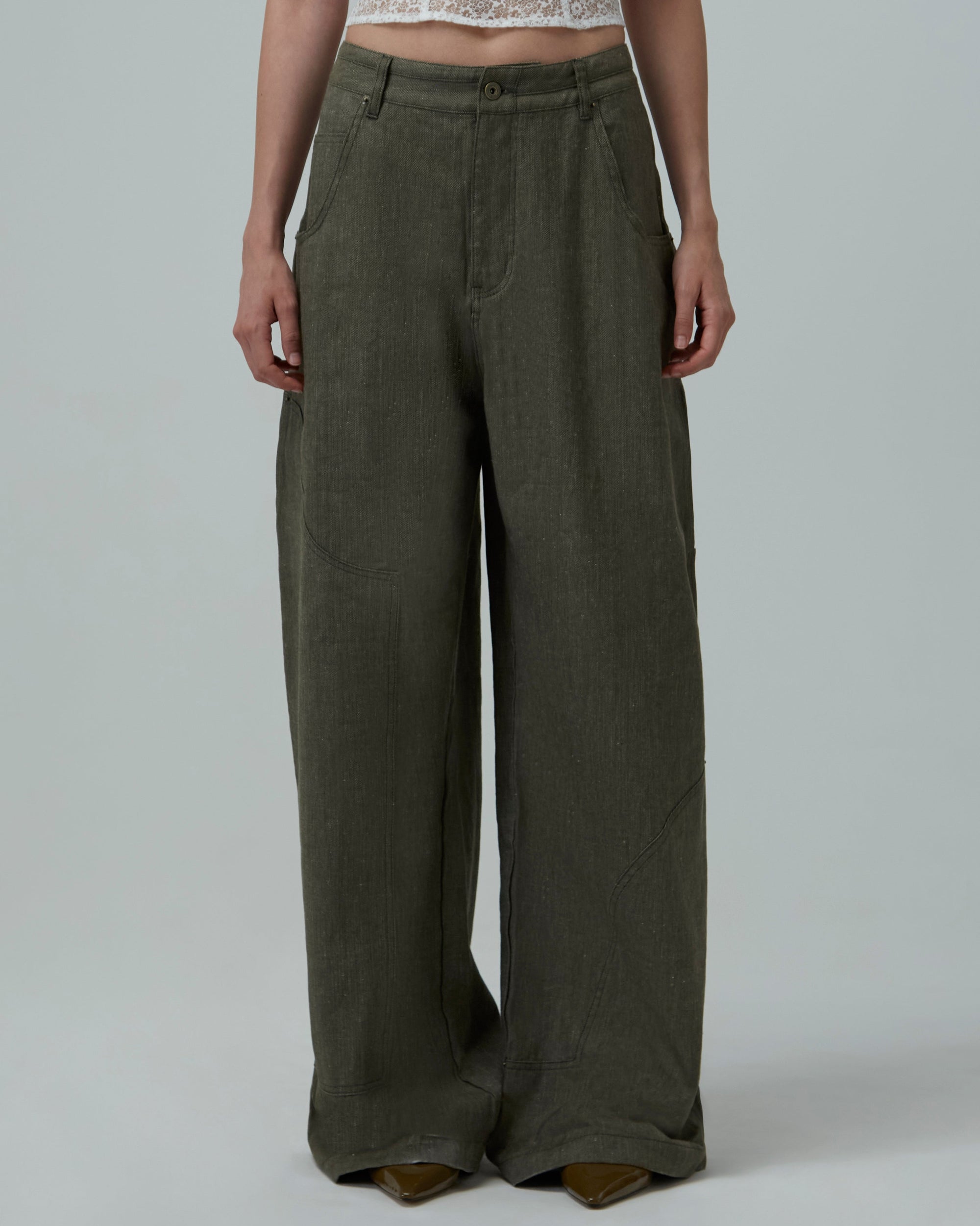 Linen Utility Wide-Leg Jeans | Green