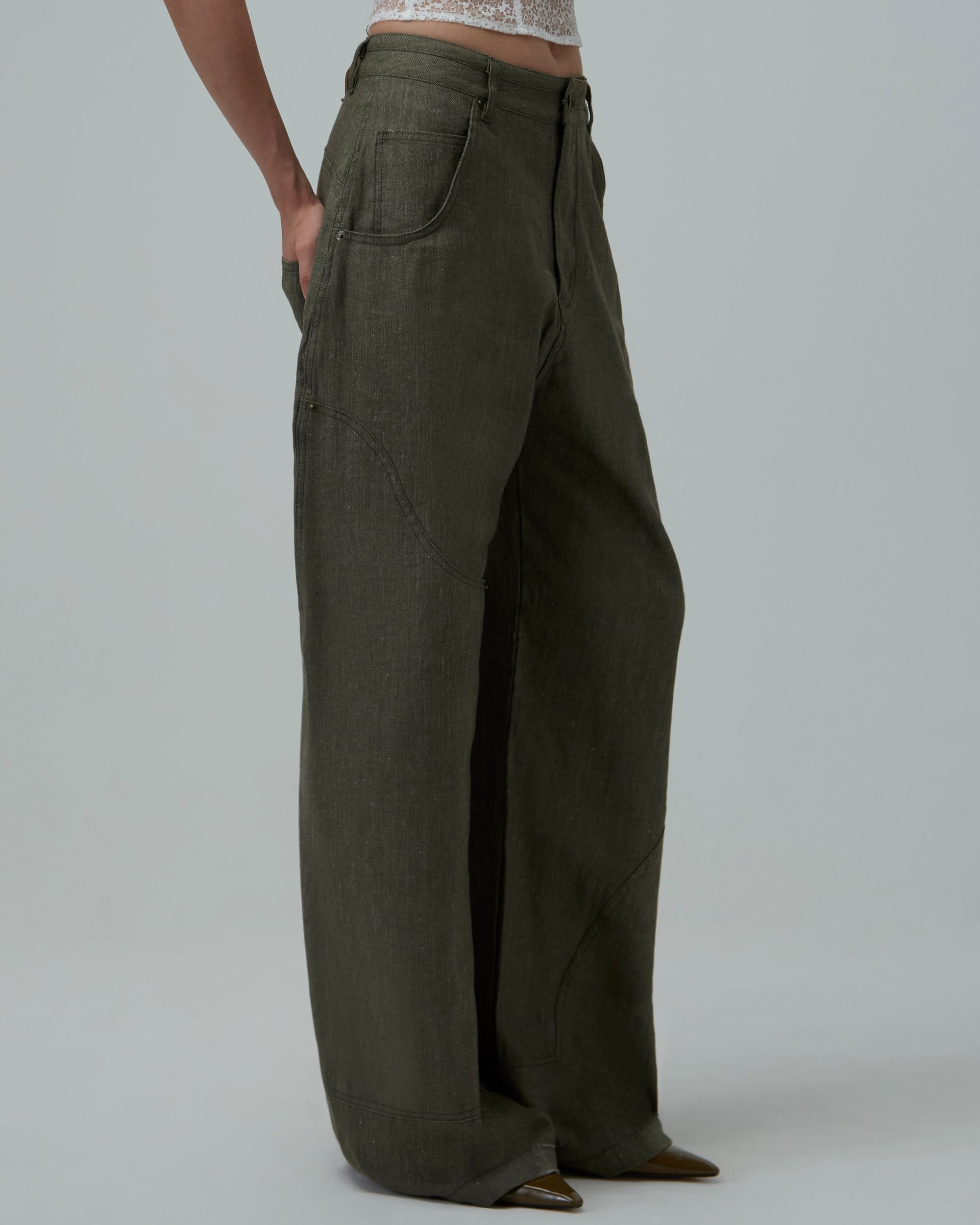 Linen Utility Wide-Leg Jeans | Green