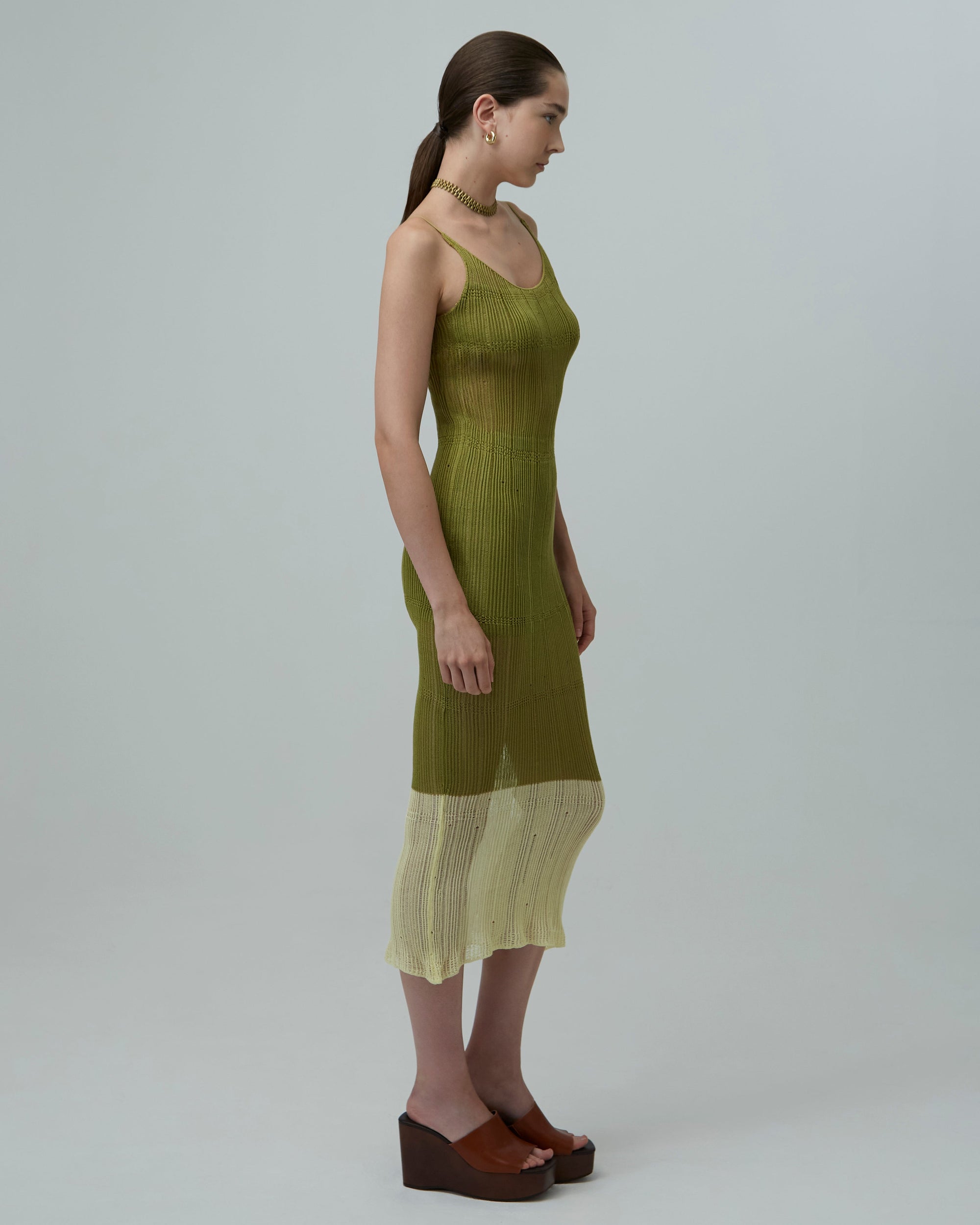 Sheer Knit Midi Dress | Grass Green & Pale Yellow