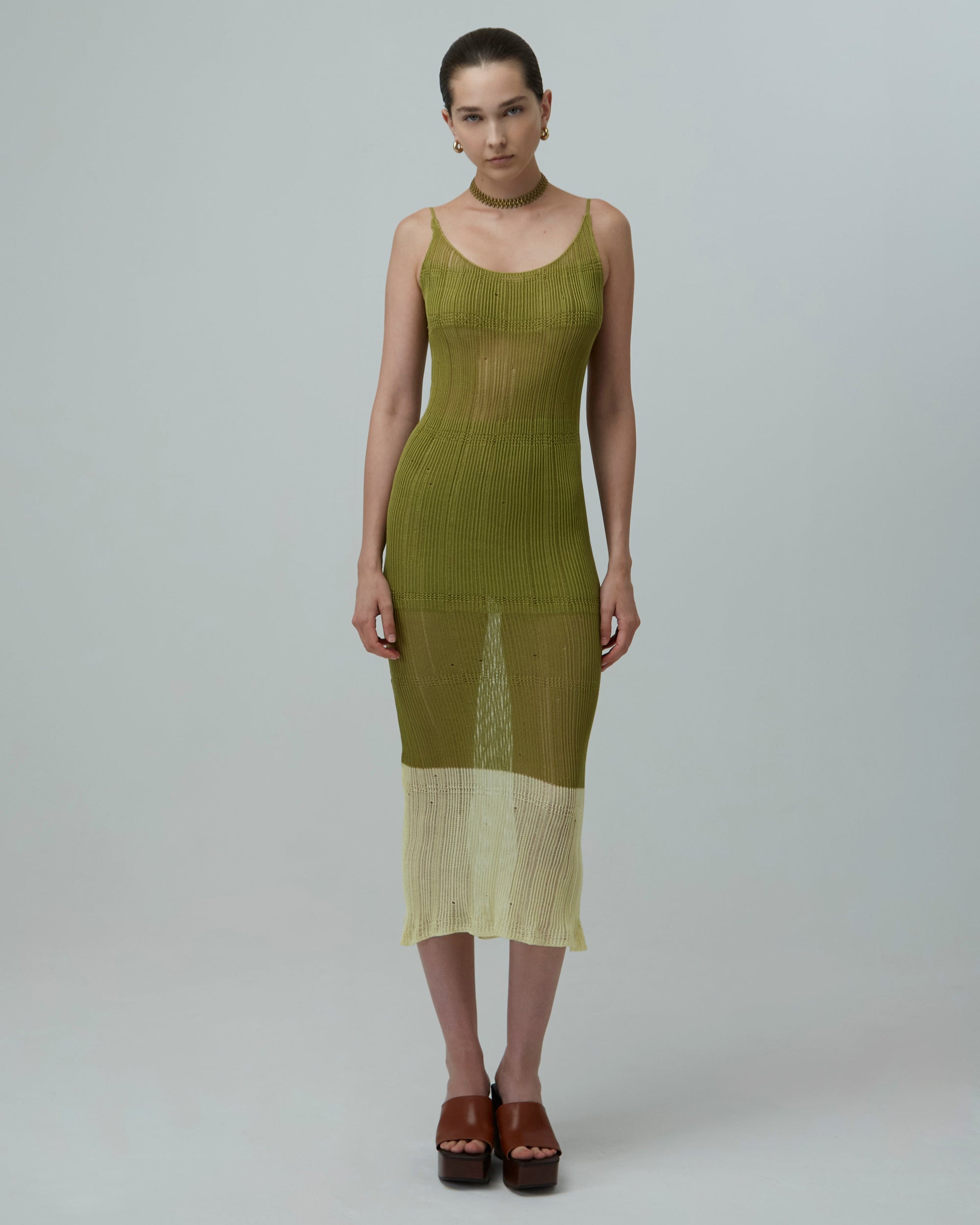 Sheer Knit Midi Dress | Grass Green & Pale Yellow