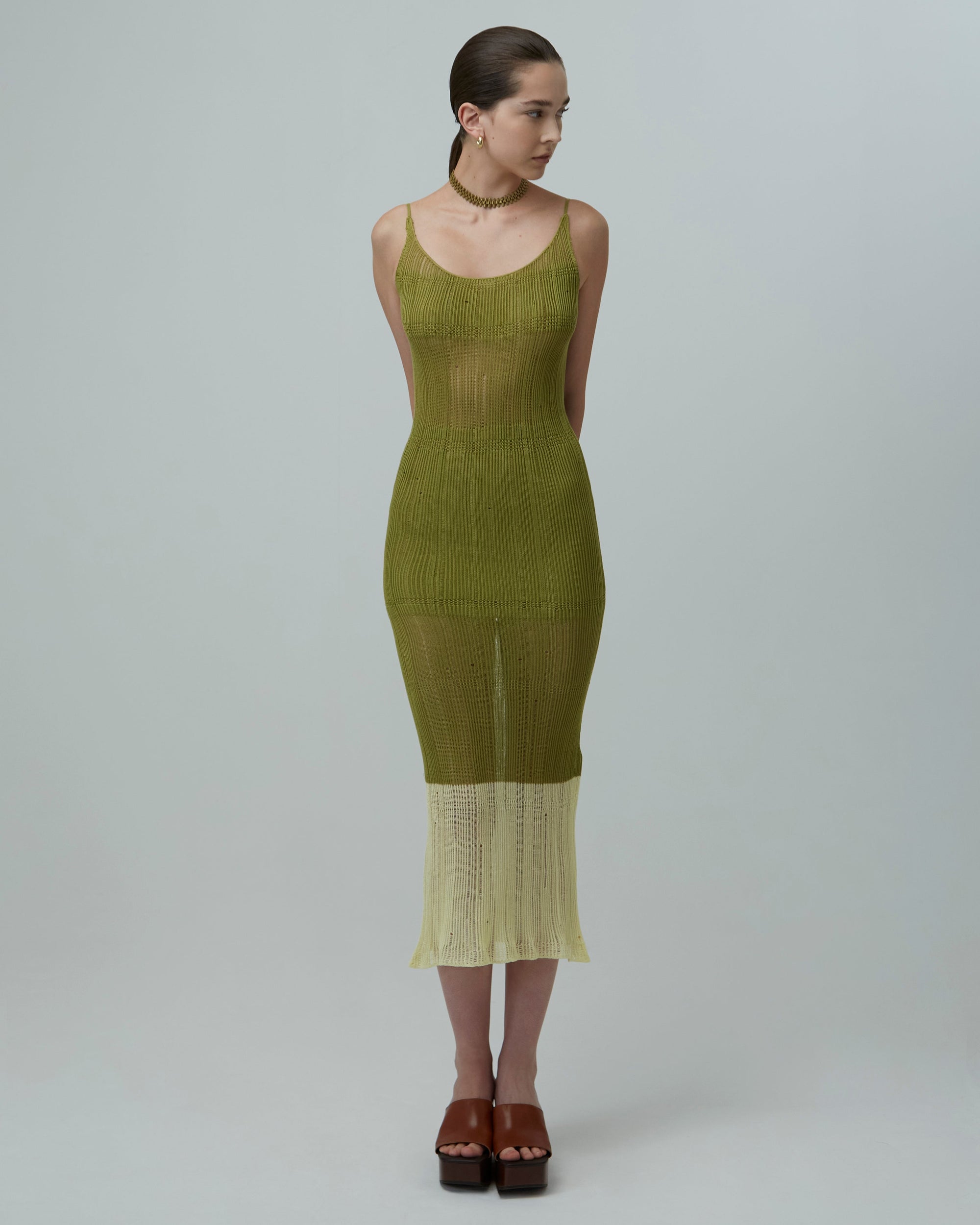 Sheer Knit Midi Dress | Grass Green & Pale Yellow